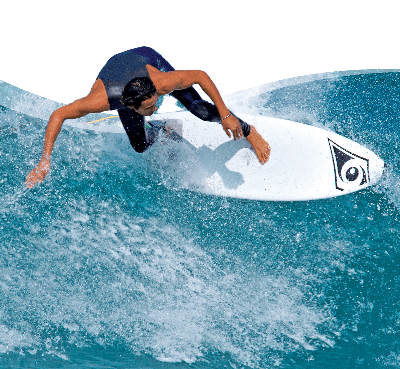 Action shot of a surfer catching a wave on a Bic Sport board in the ocean