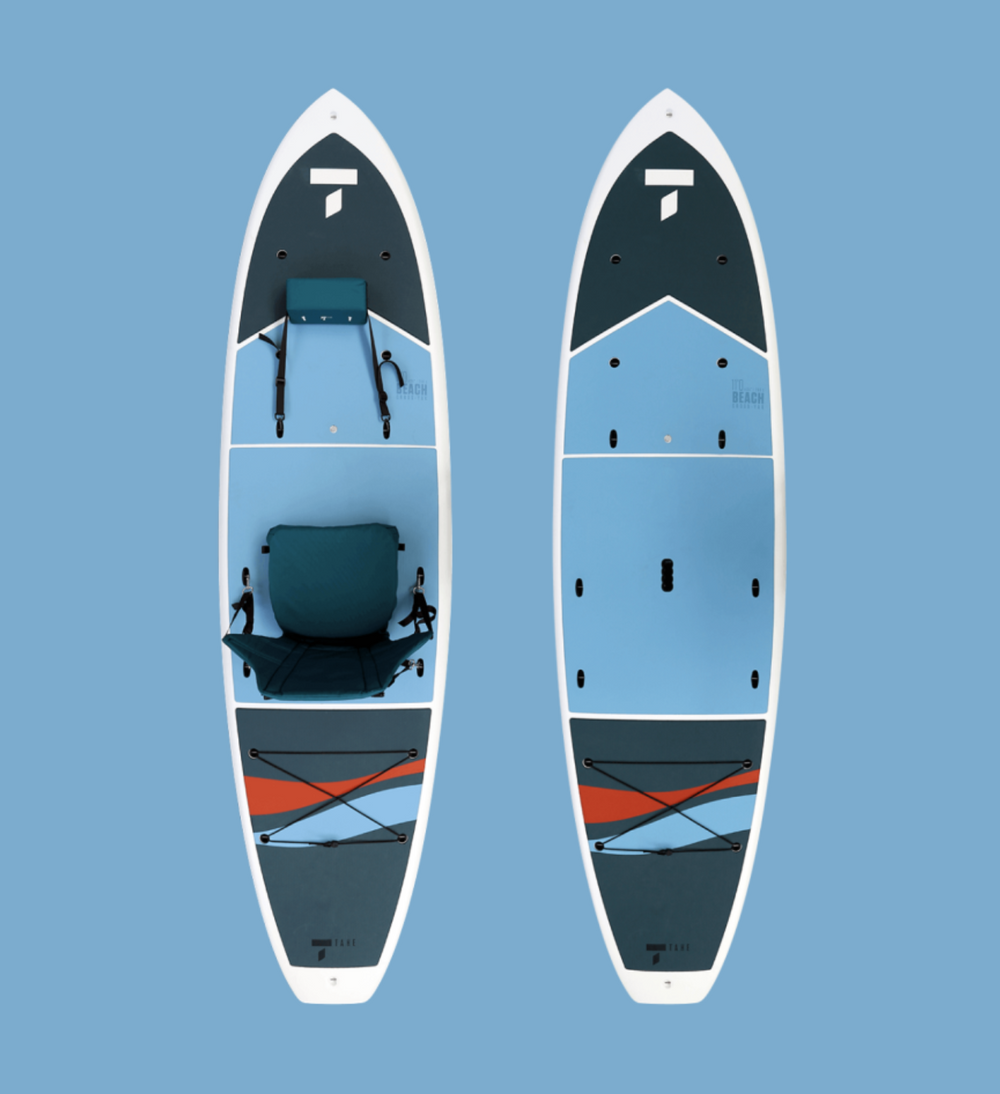 Detailed view of the blue TAHE paddleboard in paddle and kayak versions with seat and accessories.