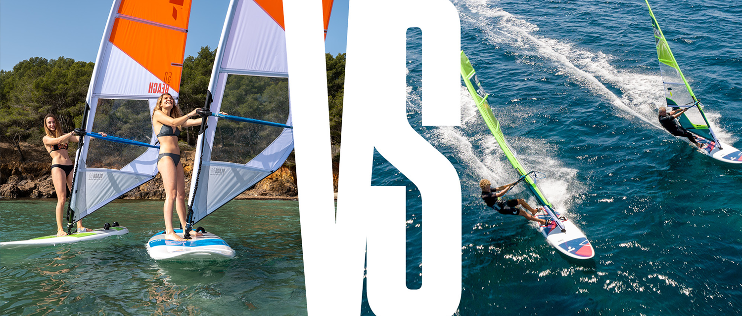 Comparison of TAHE boards: beginner windsurf vs. advanced windsurf with speed at sea.